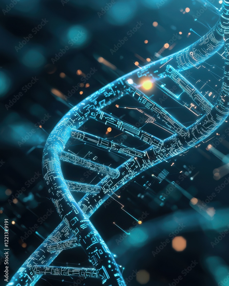 Poster futuristic digital dna strands intertwining with circuit patterns virtual environment abstract conce