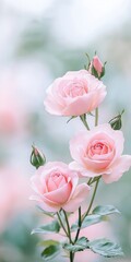 Pink roses bloom gracefully in a soft garden with blurred pastel background