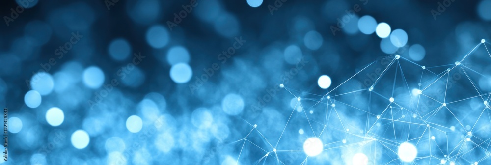Poster glowing particles and interconnected lines create an abstract blue background that seems dynamic
