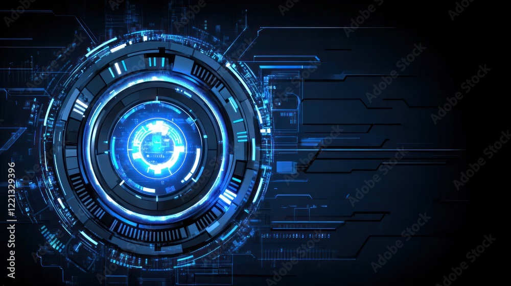 Poster glowing blue circular patterns interact with complex circuitry on a dark digital interface display