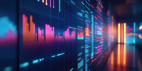 futuristic digital display of colorful financial graphs, charts, and data visualizations in a dark environment. The neon colors create a high-tech and analytical atmosphere