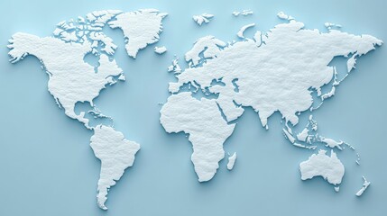 A detailed world map is presented in a soft, textured white design on a light blue background
