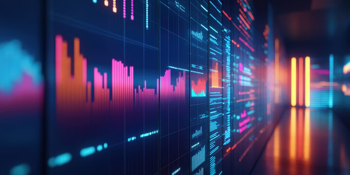 futuristic digital display of colorful financial graphs, charts, and data visualizations in a dark environment. The neon colors create a high-tech and analytical atmosphere