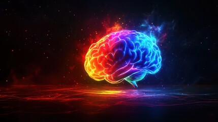 Fototapeta premium A vibrant brain glows with vivid colors amid swirling cosmic elements in the dark