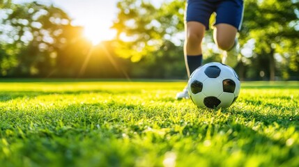 A young player approaches a soccer ball on a lush green field under a bright sun