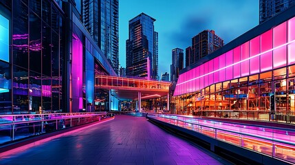 Urban cityscape with neon light effects, blending modern architecture with high-tech digital design