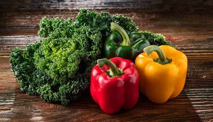 fresh kale and colorful bell peppers on rustic wooden table