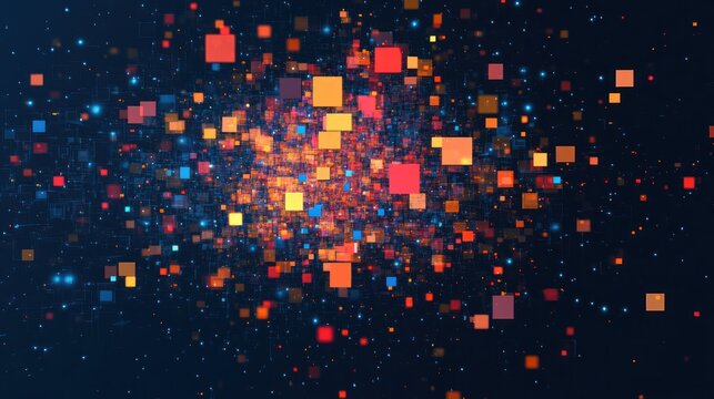 Colorful squares of different sizes float against a dark background, forming lively digital art