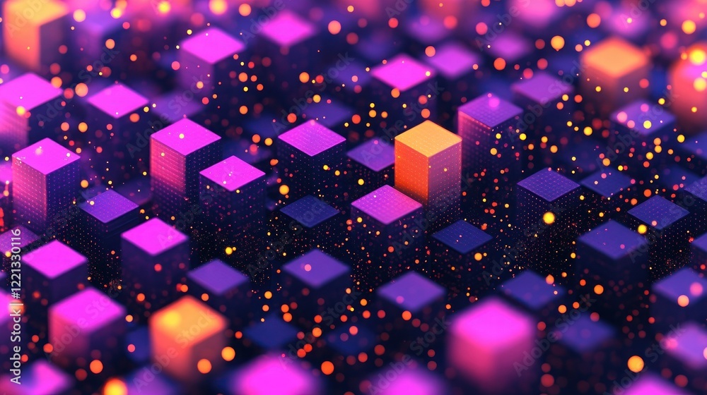 Poster colorful cubes form a dynamic abstract pattern illuminated by glowing particles in a dark setting