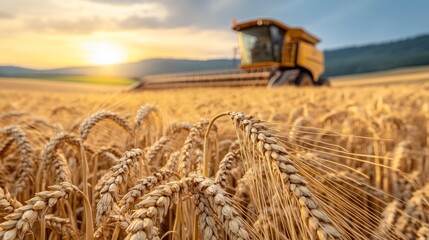 Fototapeta premium A combine harvester works tirelessly in a wheat field during a stunning sunset