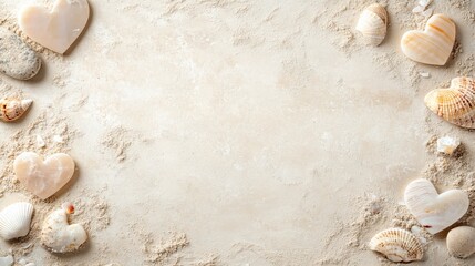 A circular arrangement of shells and hearts on the sand, symbolizing love and togetherness for Valentine's Day.