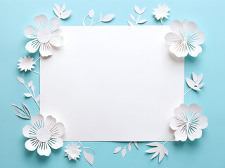 Obraz premium White paper flowers frame a blank space on a blue background for creative design or greeting card