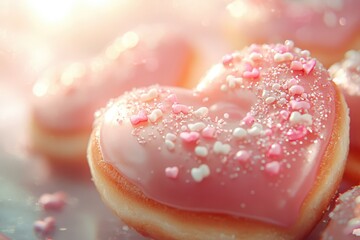 Colorful donuts topped with pink frosting and sprinkles, perfect for celebrating Valentine's Day sweetly.