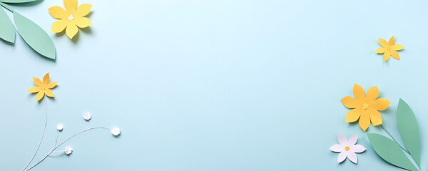 Bright and colorful paper flowers arranged on a soft blue background for creative decoration or crafting ideas