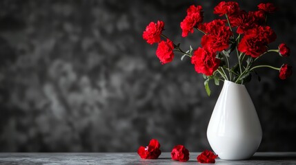 Red carnations in a minimalist white vase