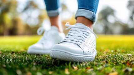 Person walks on green grass in a park, showcasing bright white sneakers under sunlight