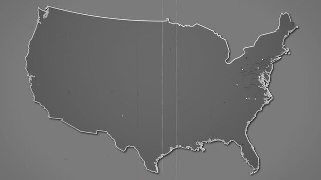Gray USA map with cities, roads and railroads. 4K retro style animation