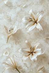 Elegant white lilies arranged on a textured beige background. Perfect for wedding invitations or spa promotions.