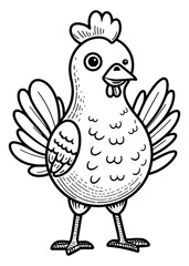 hen outline illustration, isolated on white background, top view.Farm Chicken Art.Minimalist Chicken Outline Design Illustration.