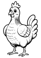 hen outline illustration, isolated on white background, top view.Farm Chicken Art.Minimalist Chicken Outline Design Illustration.