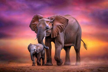 Fototapeta premium Baby elephant walking closely to its mother in a vibrant, lush landscape during a stunning sunset, highlighting the beauty of nature and wildlife interaction.