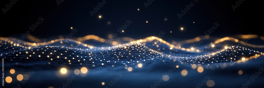 Poster a captivating view of dynamic waves illuminated by small bright particles in a dark setting