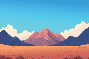 Vector Illustration of a mountain landscape with pink and blue mountains, a wide valley and a blue sky with clouds