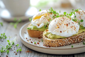 A perfectly plated avocado toast with poached eggs