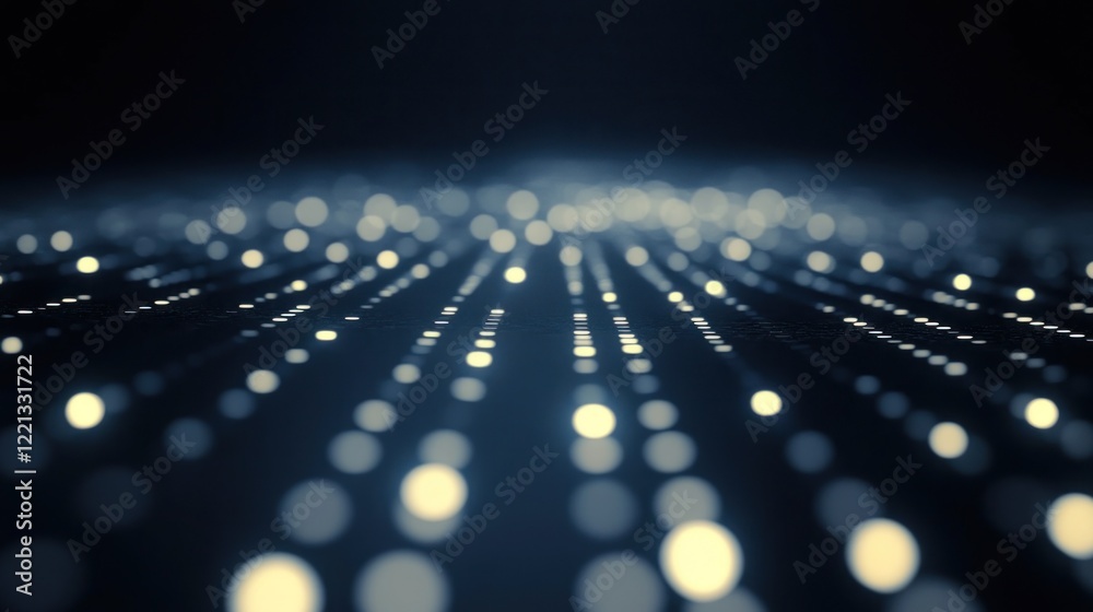 Poster bright particles illuminate a dark background, creating a captivating visual display with depth