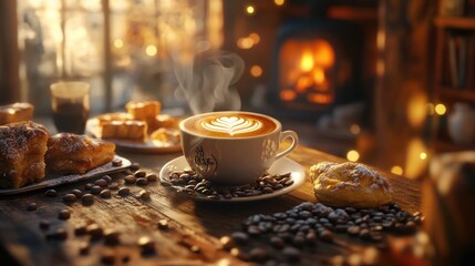 Latte art with pastries on table, by window, fireplace. Food blog, warm drinks ad