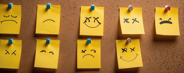 Collection of sticky notes displaying various facial expressions on a textured wall