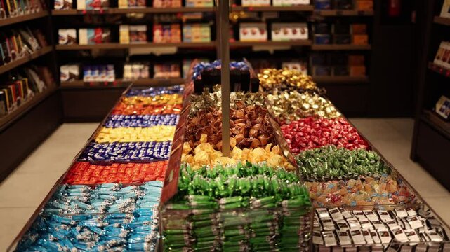 A colorful assortment of wrapped candies is neatly arranged in a candy shop. Rows of sweets in vibrant packaging invite customers to indulge in a variety of delicious treats.
