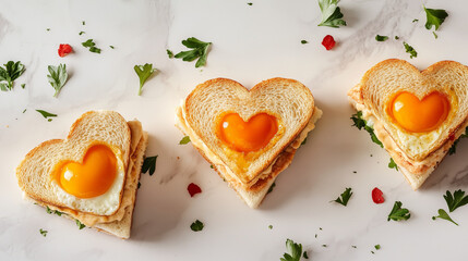 Obraz premium Tasty sandwiches with heart shaped fried eggs for romantic breakfast on white marble table, flat lay