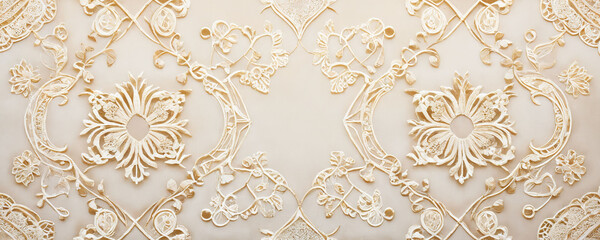 Elegant cream lace fabric with intricate floral patterns and detailed designs showcasing craftsmanship and textile art