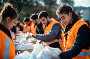 Many volunteers pack aid supplies into boxes outdoors. People in bright orange safety vests work together diligently. Fill bags with provisions for victims of possible disaster. Large group works