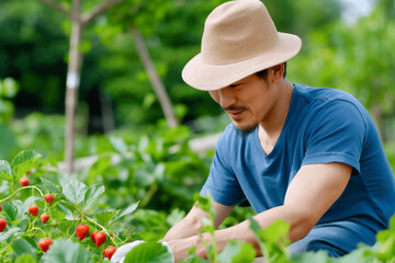 Asian Farmer wearing a hat and blue shirt harvesting fresh strawberries in a lush green field under natural daylight