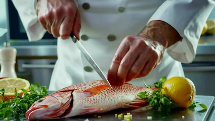 Chef expertly filleting fresh fish with precision knife skills in gourmet kitchen setting