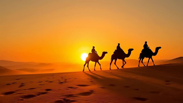 A caravan travelling in Sahara desert. Sand dunes, sunset landscape, camels walking in sandy hills.  Cinematic video animation