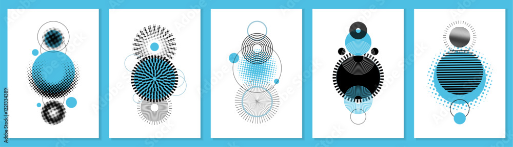 Poster Graphic design elements. Posters collection. Abstract geometric shape, modern wall art or gradient frame, 3d circular pattern. Blue and black monochrome digital backdrop. Vector background