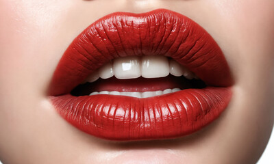 Obraz premium Bold red lips showcase glossy lipstick application in bright lighting for beauty enthusiasts