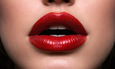 Obraz premium Close-up view of lips adorned with vibrant red lipstick highlighting beauty and allure
