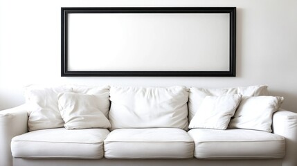 White sofa with pillows and empty black frame on wall.