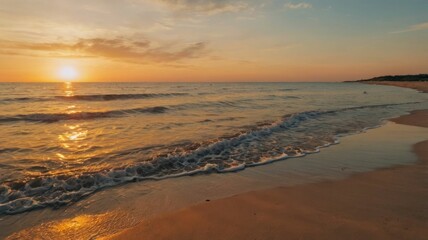 A serene sunset over the ocean, reflecting warm colors on the water.