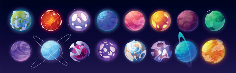 Space icons. Galaxy planets. Solar system. Earth and Mars. Game universe color sticker with gradient purple stars. Fantasy sky. Cosmos world. Saturn orbit. Vector cartoon astronomy set