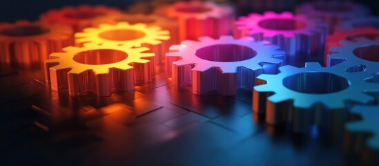 Colorful and vibrant gears cogs and industrial mechanisms in a 3D rendered digital with a futuristic innovative and technological aesthetic