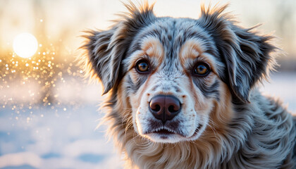 Playful dog enjoying winter sunlight in snowy landscape, warmth of joy