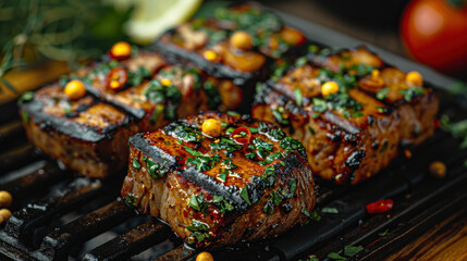 Grilled steak pieces garnished with herbs and spices, showcasing deliciously charred exterior and vibrant colors. Perfect for summer barbecue or gourmet meal