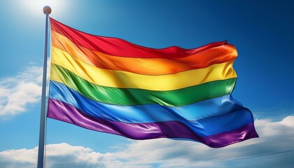 Fototapeta premium Generated image A vibrant rainbow flag waving against a bright blue sky.