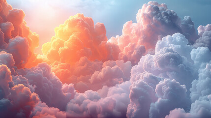 Fluffy clouds in serene blue sky during sunset create tranquil atmosphere, showcasing vibrant hues of orange and pink blending beautifully with soft white clouds