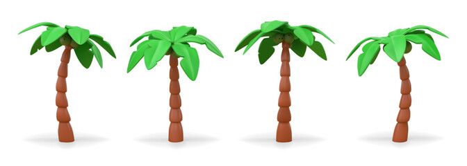 3d palm. Coconut tree beach, summer banana render for happy vacation. Minimal natural green plasticine style. Render glossy isolated elements. Tropical landscape vector cartoon illustration © SpicyTruffel